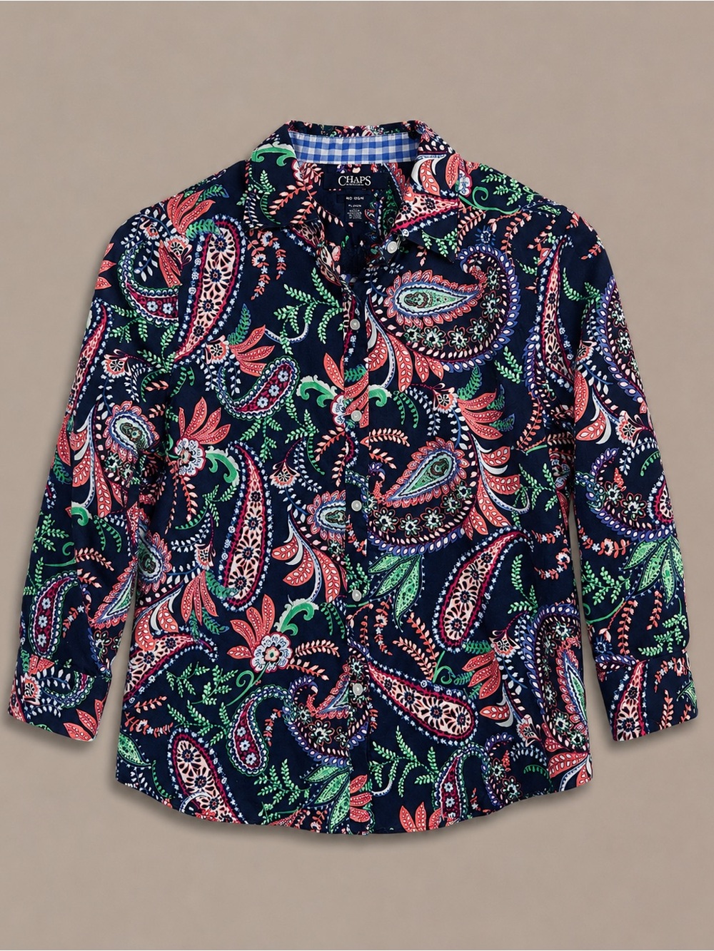 Chaps Petite No Iron Paisley Button Down Shirt Navy Pink Green Cotton L Petite